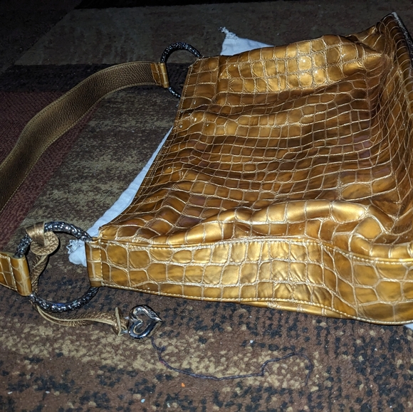 Vintage BRIGHTON Gold Shiny Patent Croc-Embossed Leather Slouchy Shoulder Bag - Picture 7 of 13